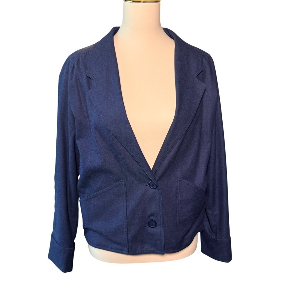 Vintage 80s Angeline Navy Blue Cropped Blazer Jacket Dolman Sleeve Pockets